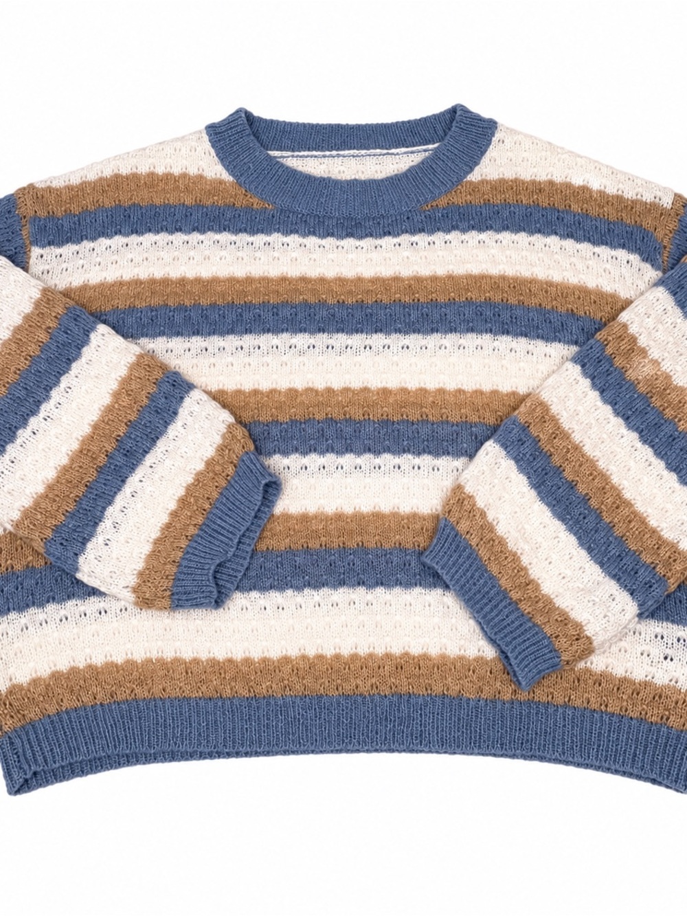 SHEIN Blue, Cream & Tan Striped Crewneck Sweater
